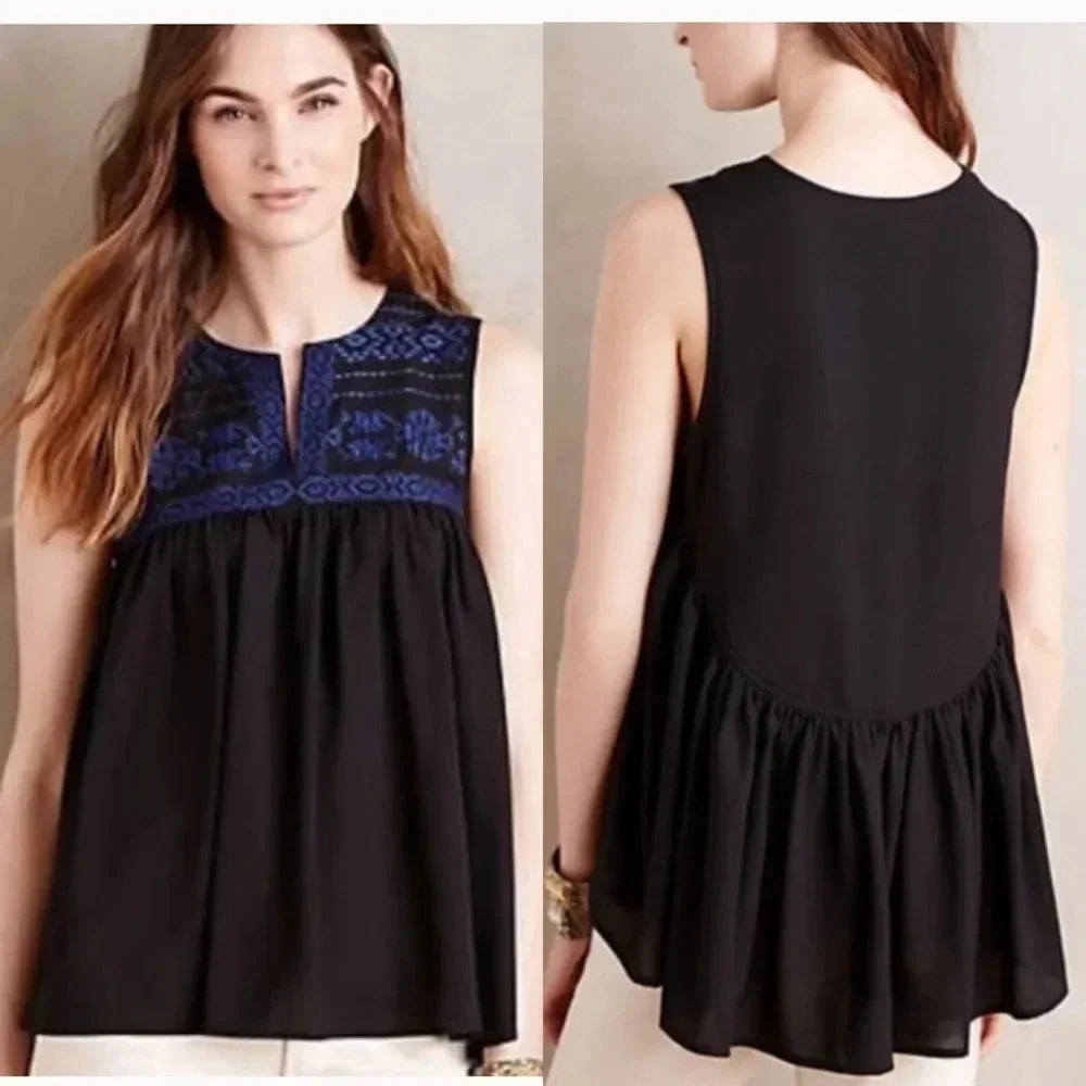 Anthropologie Maeve Sisa Babydoll Tank Black/Blue Size Small